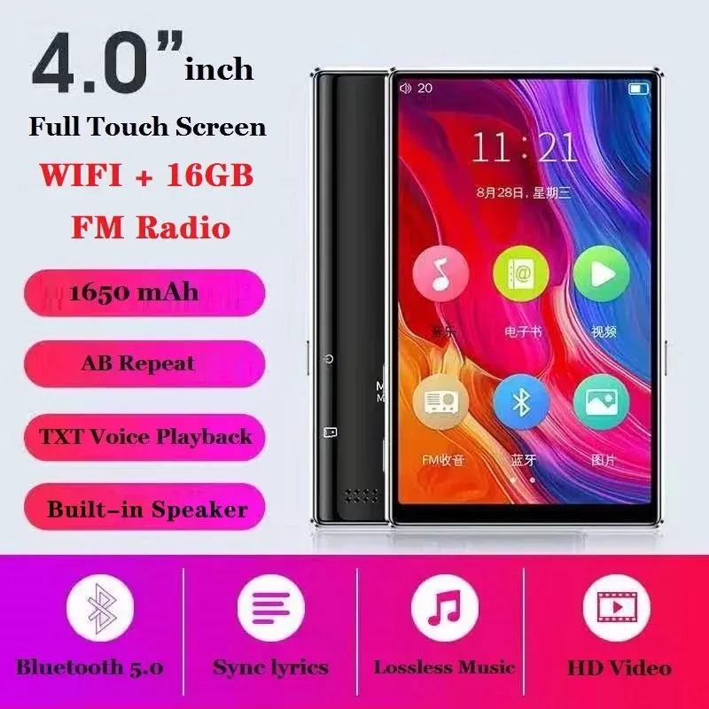 Odtwarzacze Bluetooth 5.0 MP4 Player Wi -Fi 4.0 cala pełny ekran dotykowy FM Radio nagrywanie eBook MP4 MP5 teledysku Wbudowany głośnik