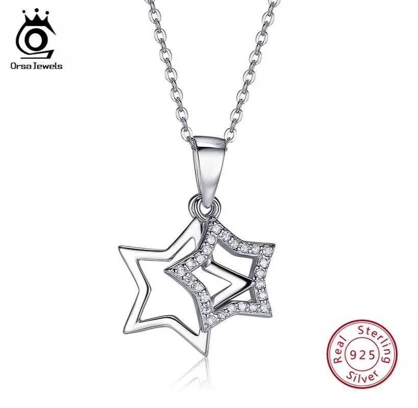 ORSA JEWELS 100 echte 925 Sterling Silber Anhänger Halsketten Glänzende Kubische Zirkon Stern Form Frauen Edlen Schmuck SN821778119