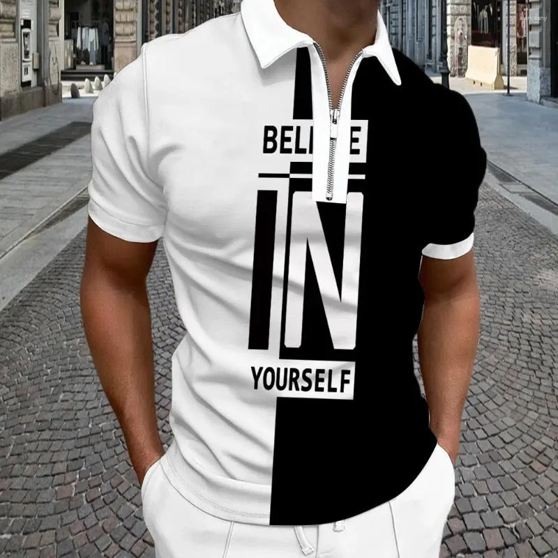 Polos masculinos moda carta impressão polo t camisa para homens engraçado listra harajuku manga curta zíper topos verão hip hop streetwear golfe wear 5xl