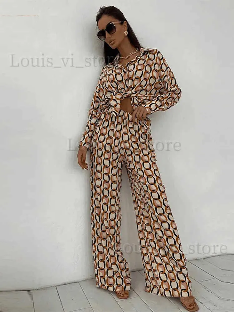 Women's Two Piece Pants Fashion Printed Long Pant Set for Women Elegant Female Long Sleeve Shirts Wide Leg Pant 2024 Spring Chic Ladies Two Pieces Set T240228