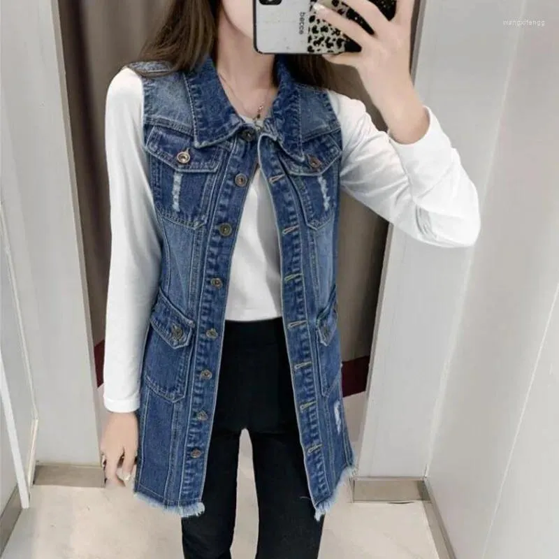 Kvinnors västar 6xl Big Size Denim Vest Kvinnlig 2024 Spring Autumn Waistcoat Mid-Längd Korean Casual ärmlös jeansjacka