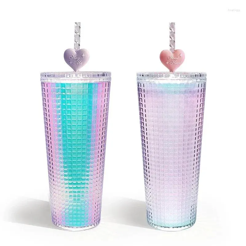 Vattenflaskor flaska med halm stor bärbar resa Bottlessummar Drinking Cup Love Gradient Diamond Double Layer