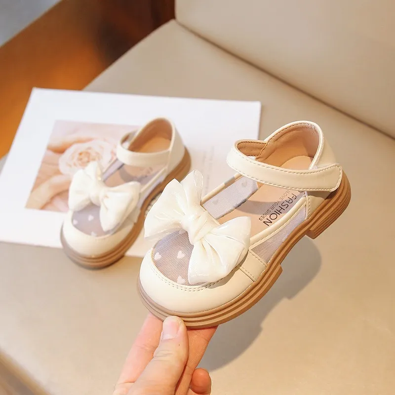 Girls' Flat Shoes Princess Shoes with Bowknot, Mesh, Soft Sole, Khaki Cut-Out Leather Shoes