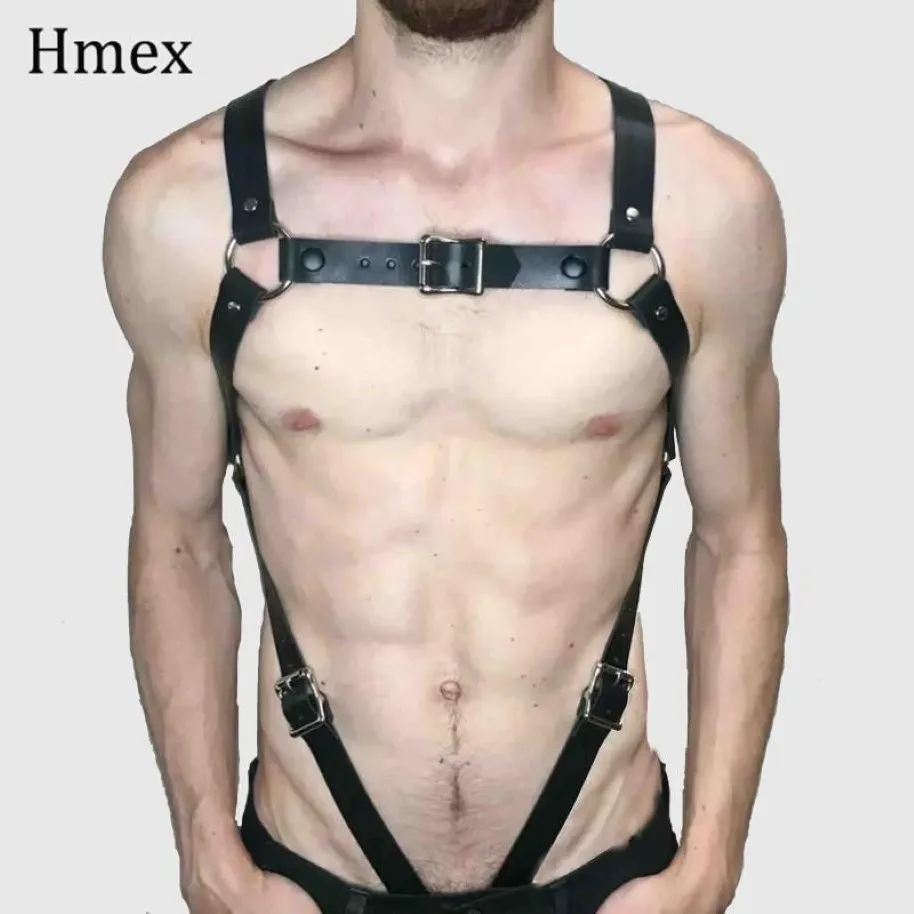 Arnês de sutiã de couro punk masculino sexy cinto erótico corpo bondage harajuku suspensórios góticos lingerie masculina alças de ombro1263l