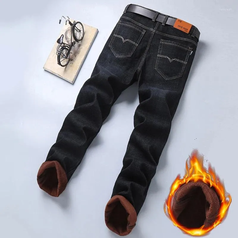 Mäns jeans 2024 Höst- och vinterkombinationsknappen Pocket Pocket Dragkedja Fashion Solid Color Plush Thicked Casual Mångsidig