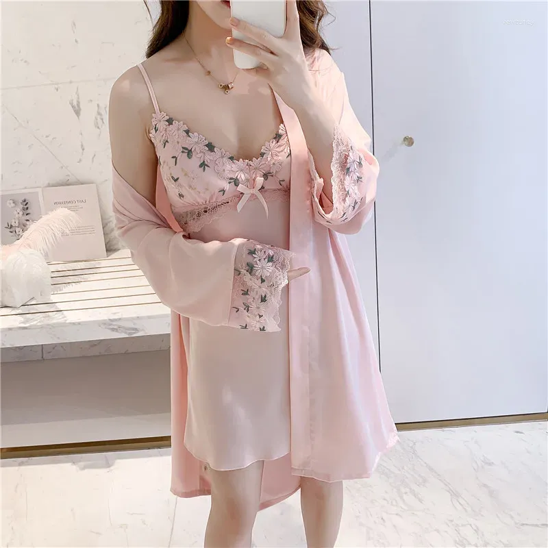 Mulheres sleepwear rosa doce laço arco quimono robe vestido terno senhora primavera verão íntimo homewear sexy com decote em v vestido de noite falso seda