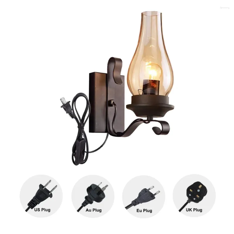 Wall Lamp NUNU Vintage Industry Style Black Metal Glass Sconces Plug In Button Cord Lighting For Restaurant Bar Bulb Not Included