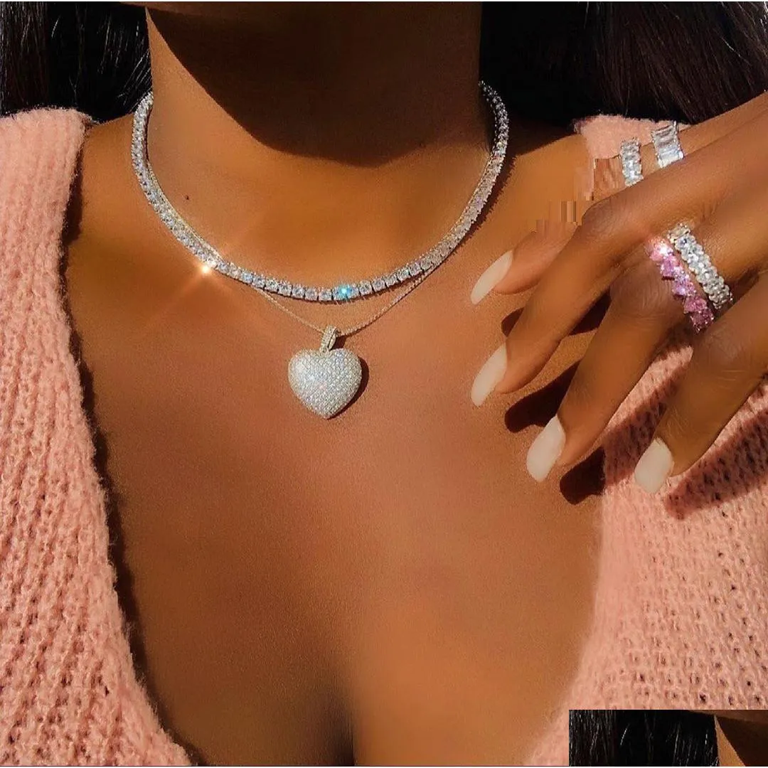 Jewelry 2021 Iced Out Bling Women Jewelry Micro Pave 5A Cz Cubic Zirconia Big Heart Pendant Tennis Chain Sparking Necklace Drop Delive Dhycs