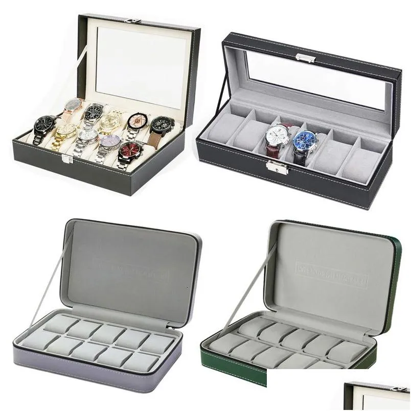 Présentoir à bijoux Boîte de montre en cuir Pu Montres pratiques Vitrine Organisateur de rangement avec fermeture à glissière pour femmes Hommes Fournitures cadeaux 23051 Dh8Rv