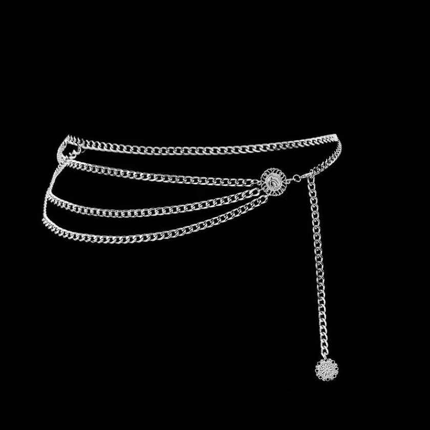 Pasy Elegancki wielowarstwowy pasek łańcuchowy dla kobiet mody Srebrny kolor srebrny metalowy strój ciała w talii Lady Tassel272g