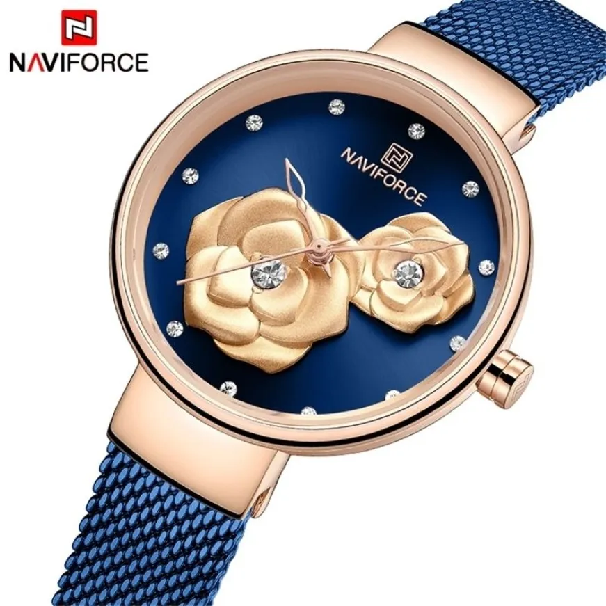 Naviforce Watch Watch Marka Rose Gold Blue Quartz Watches Stal Haterproof Wristood Na rękę dla dziewczynki Feminino 20287s