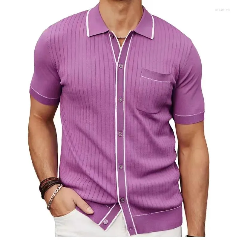 Polos męski 2024 Moda Slim Cardigan Knity Polo koszule Mężczyźni krótkie rękawowe guziki Solid Reasbed Lapel Shirt Summer Mens Ubranie