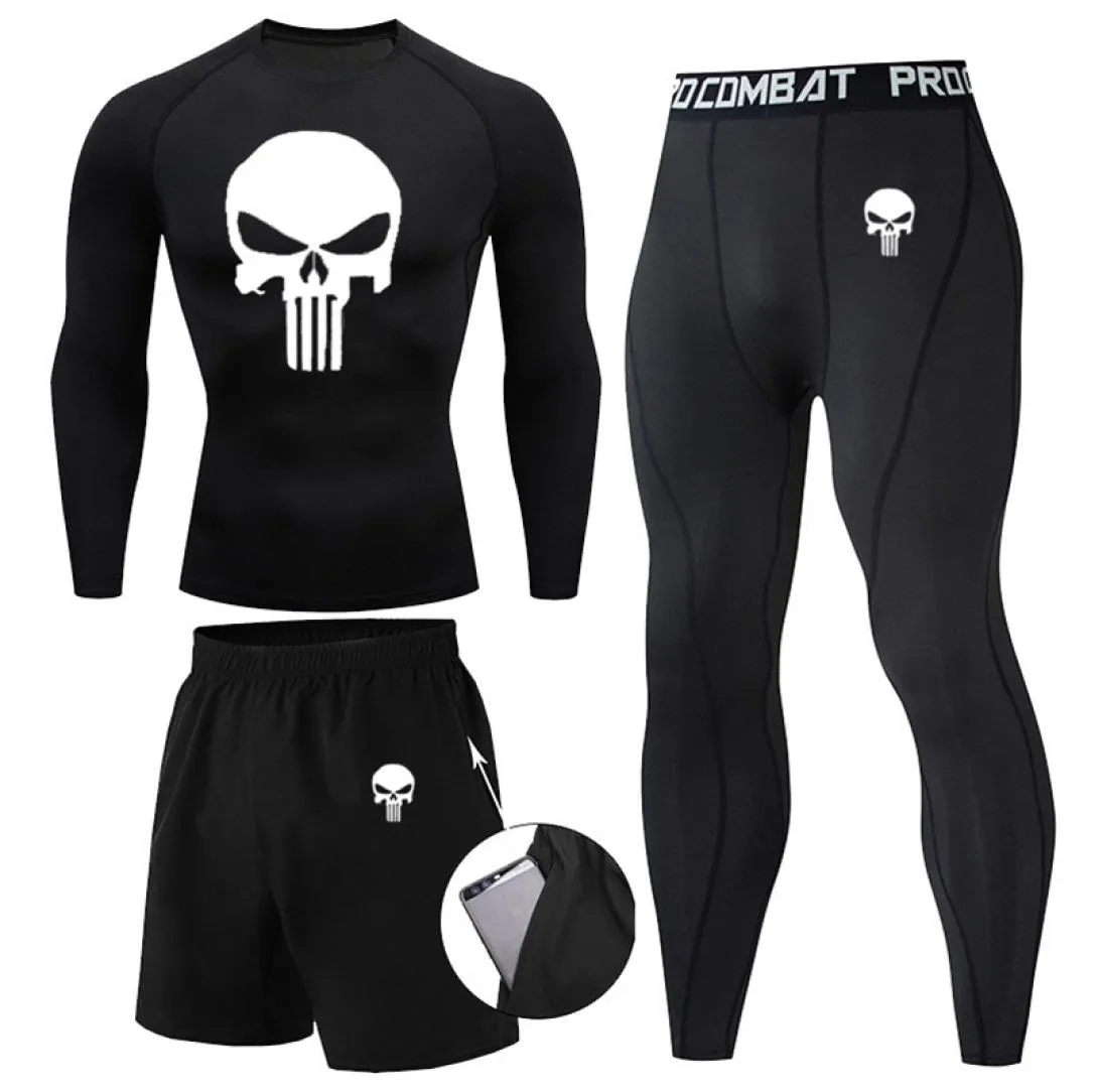 Compression MMA Rashguard Hommes Jiu Jitsu t-shirt Pantalon Muay Thai Shorts Rash Guard Skull Gym Hommes Bjj Boxe 3pcs Ensembles vêtements 229386718