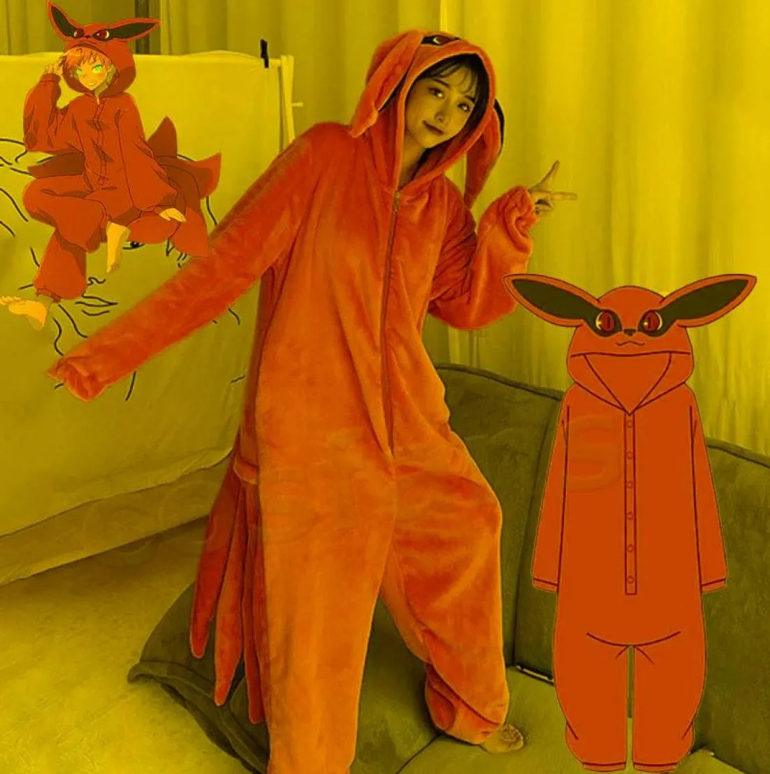 MEN039SトラックスーツアニメKurama Nine Tailed Pajamasコスプレコスチューム大人ジャンプスーツフランネルホームスリープウェアユニセックスナイトガウンSUI6899677