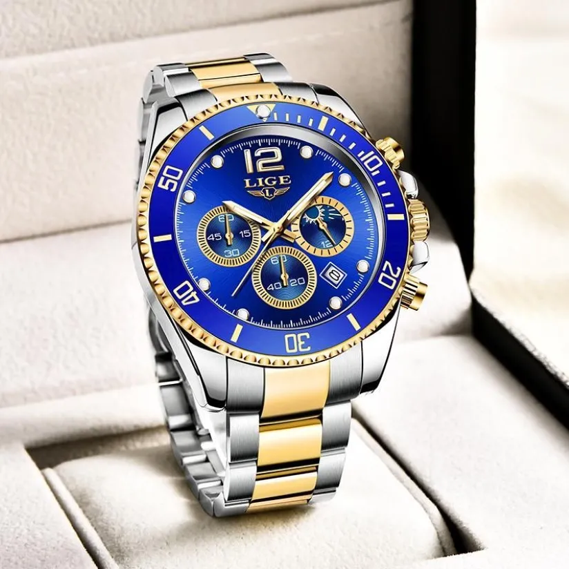 Mężczyźni zegarki LIGE TOP WODY STALICZNA WODY ODPOWIEDNIK KWARTZ MAS MASY SPORT Blue Chronograph Relogio Masculino2493