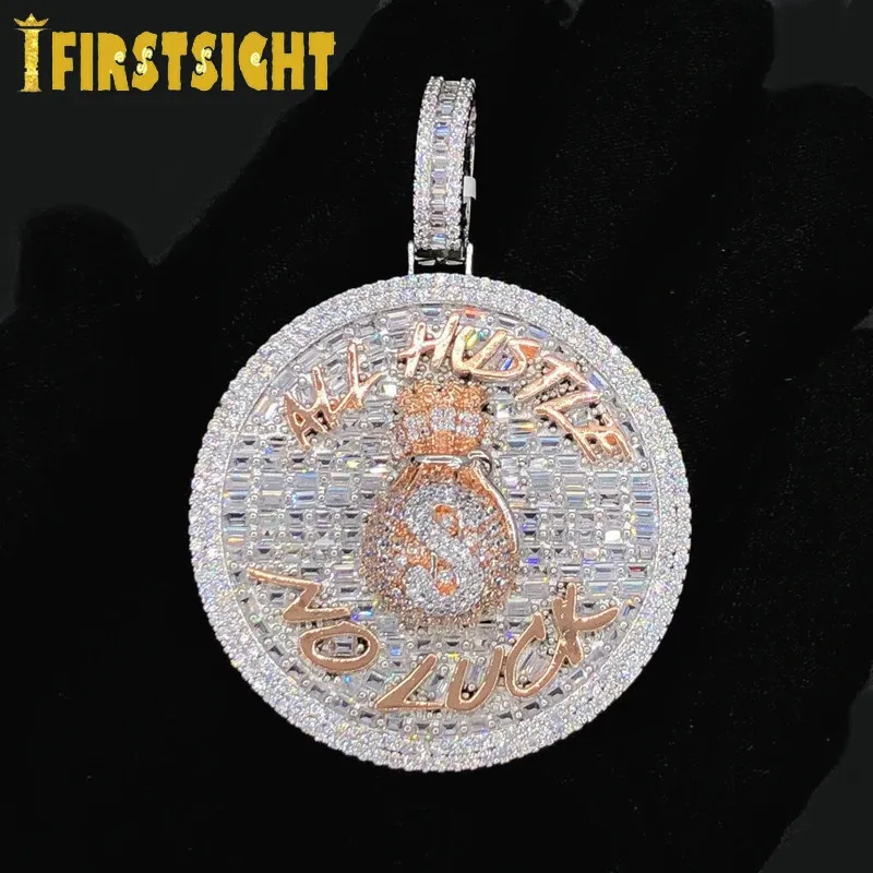 Iced Out Bling CZ Letter All Hustle No Luck Pendant Necklace Cubic Zirconia Two Tone Color Charm Men Women Hip Hop Jewelry 240226