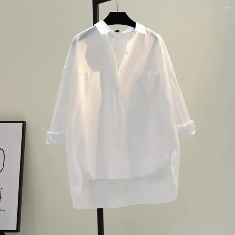 Women's Blouses Women Shirt Tops Stylish Lapel Blouse Trendy Solid Color With High-low Hem Loose Fit Single Breasted For Spring