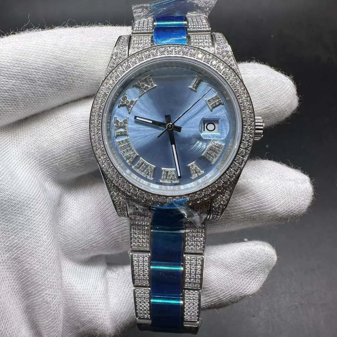 Relógio masculino diamante automático 2813 movimento cz pedras caso conjunto de diamantes números romanos mostrador azul pulseira edição especial relógio