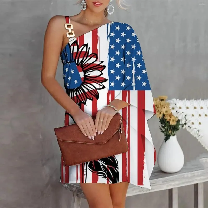 Casual Dresses Summer Dress For Women One Shoulder Half Bat Sleeve Print Loose Metal Strap Beach Mini Sun Long Sleeves