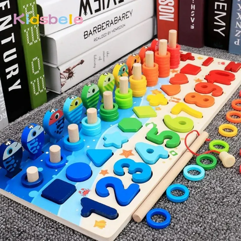 Barn Montessori Math Toys för småbarn Utbildning Träpussel Fiskeantal Nummer Form Matchande Sorter Games Board Toy 240223