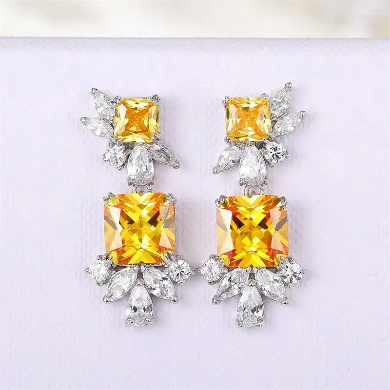 Dangle Earrings Sparkling Yellow Cubic Zirconia For Women Silver Color Luxury Engagement Wedding Female Jewelry Item