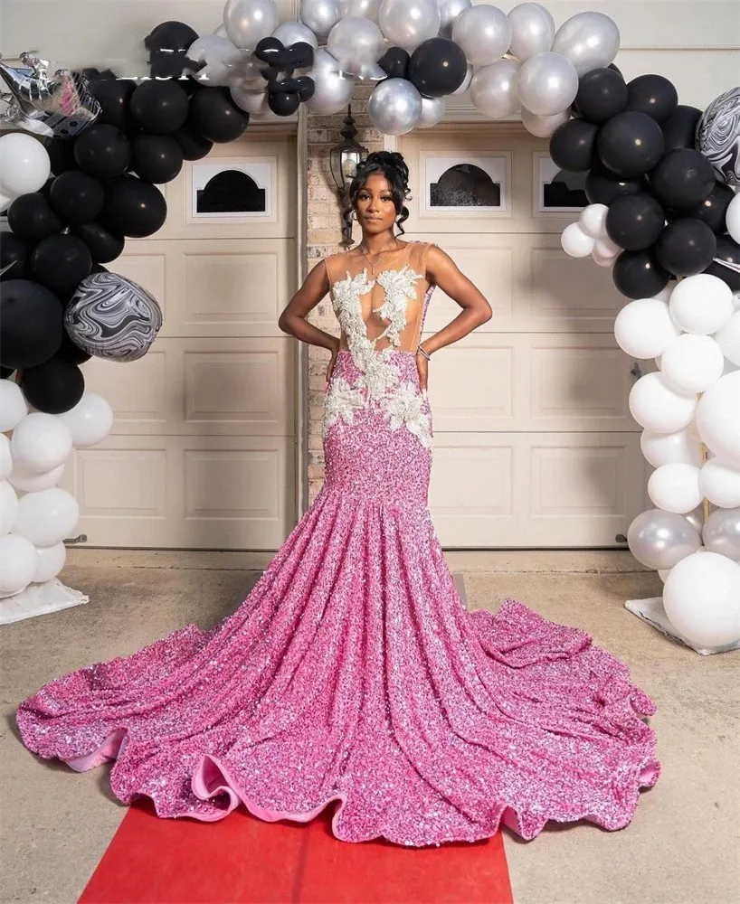 Sheer O Pink Neck Long Prom Dress For Black Girls 2024 Appliques Birthday Party Dresses Sequined Evening Gowns Mermaid Robe De Bal Es Es es