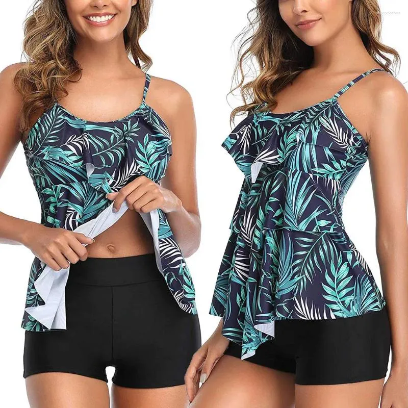 Women's Swimwear Women 2 Piece Flounce Printed Top With Boyshorts Bikini Set