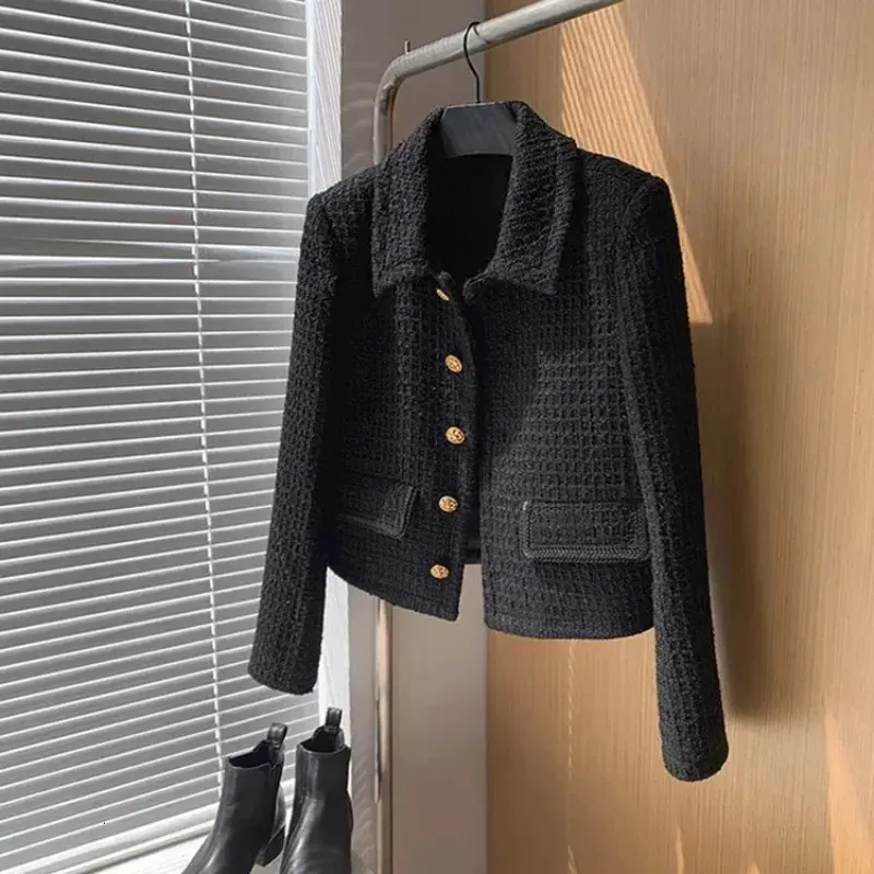 Runway Fall Winter Vintage Cropped Top Womens Korean Single Breasted Black Tweed Jackets Elegant Chic Outwear Coat Casacos 240226