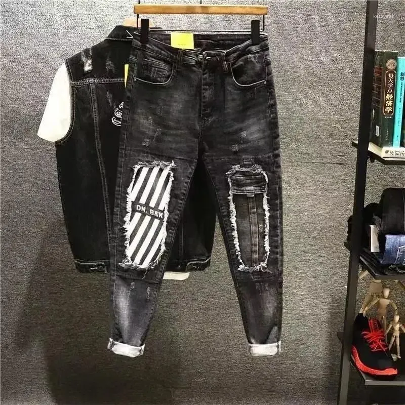 Jeans pour hommes pantalons bleu clair pantalon de cowboy mâle stretch déchiré pour hommes cassé recadré déchiré avec des trous élastique été denim empilé