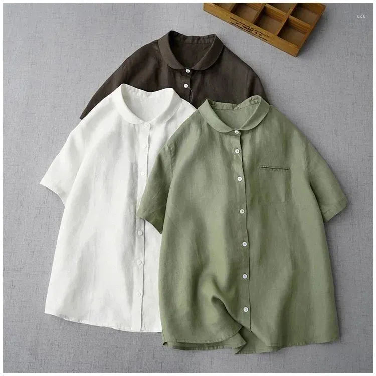 Women's Blouses Literary Linen Yuanbao Collar Short Sleeved Shirt Summer Fashion Simple And Versatile Solid Color Top