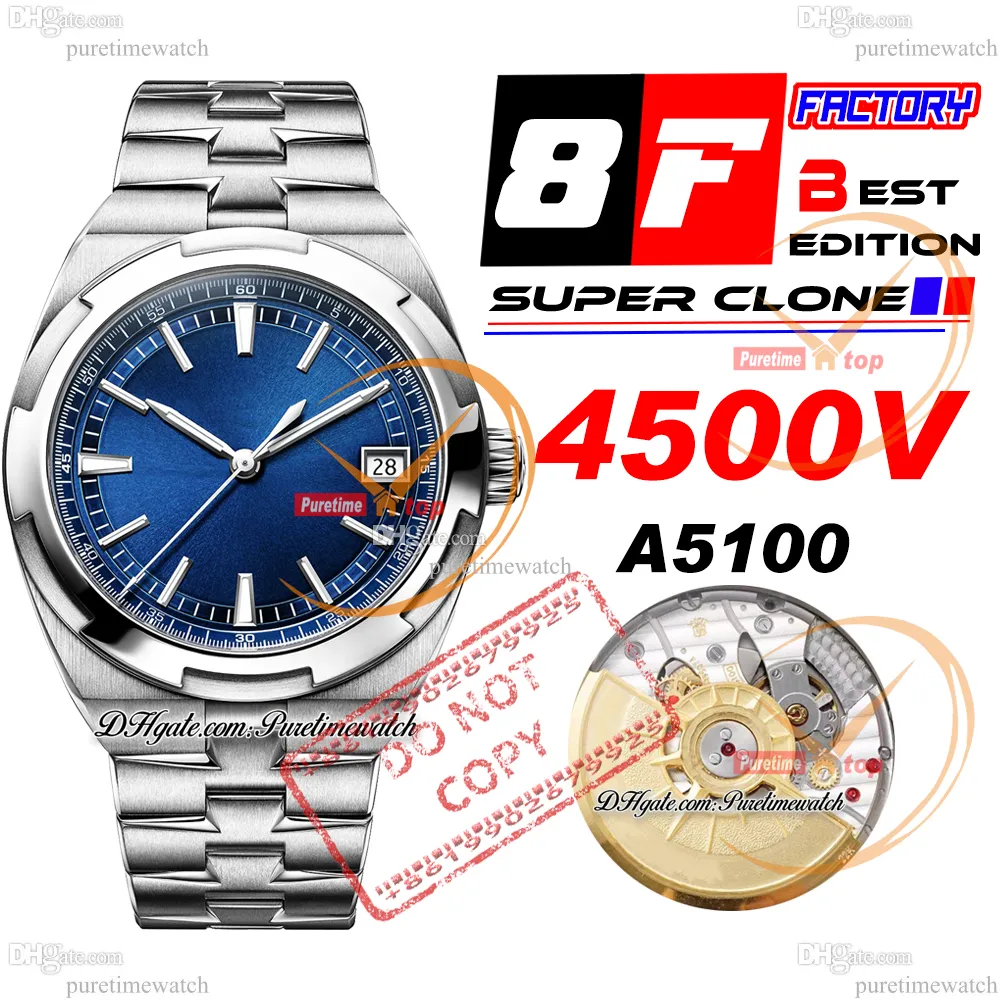 8F Overseas 4500V Ultra-Thin A5100 Self Winding Automatic Mens Watch 41mm Blue Stick Dial Stainless Steel Bracelet Super Edition Watches Puretime Reloj Hombre