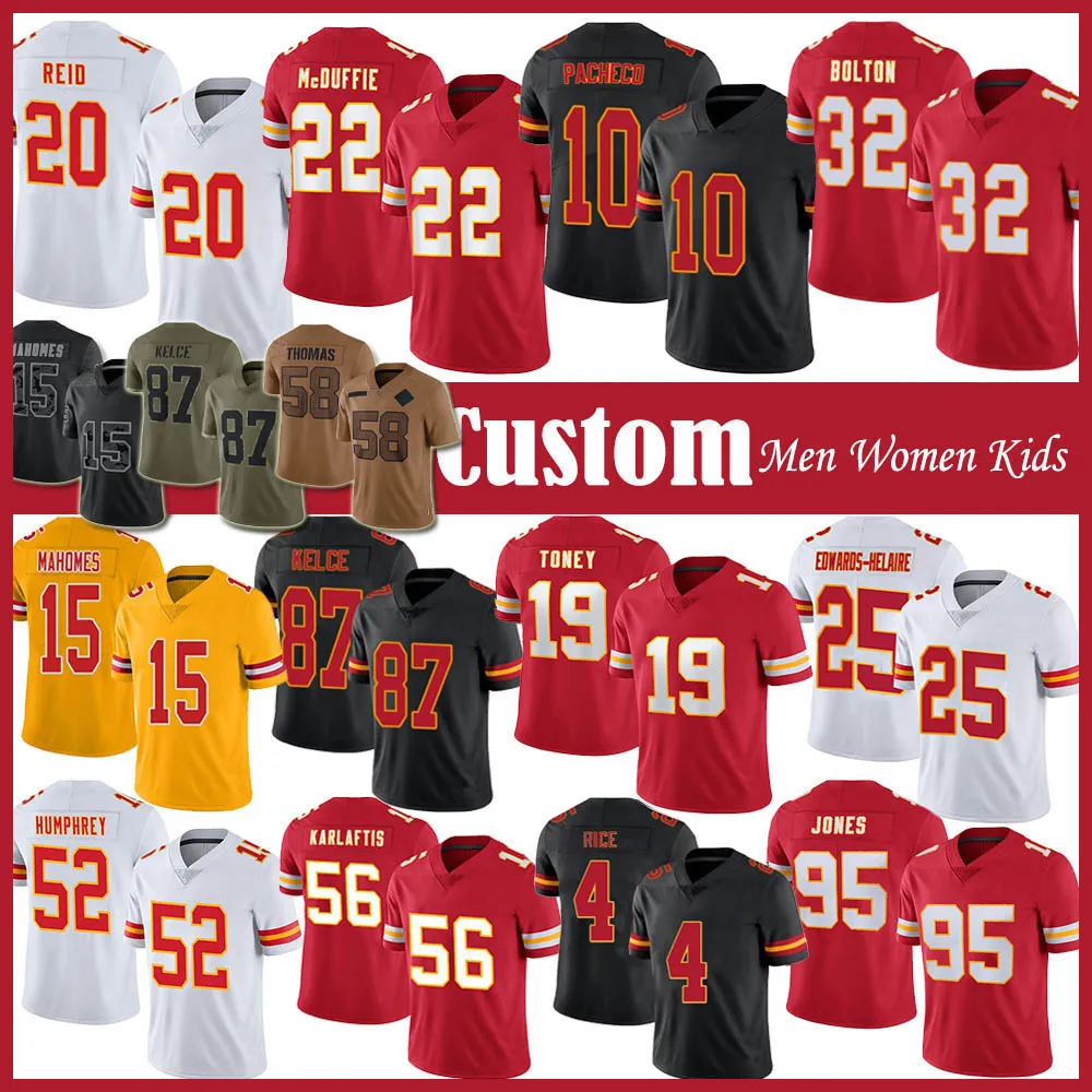 Custom Patrick Mahomes Travis Kelce Football Jersey Isiah Pacheco Rashee Rice Harrison Butker Chris Jones Creed Humphrey Trent McDuffie LJarius Sneed Nick Bolton