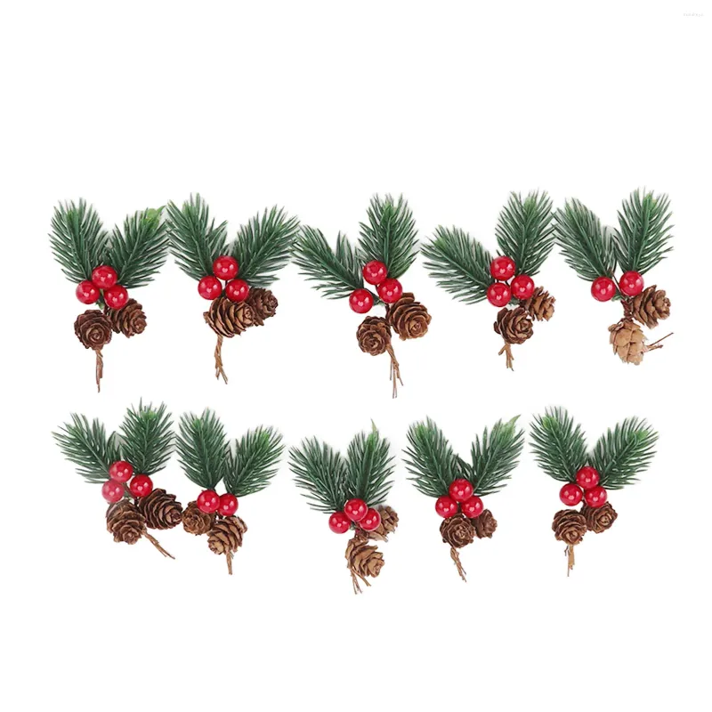 Decoratieve bloemen 10 stuks kerstprikkers dennenappel rode bes pin naald kunstmatige delicate decoraties