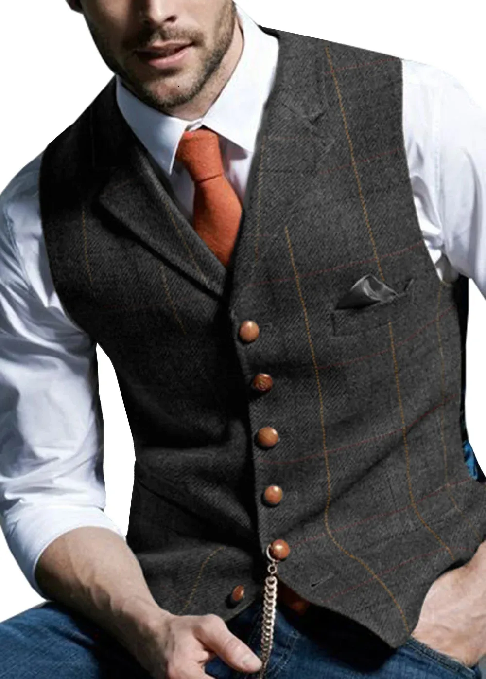 Hommes gilets Tweed costume affaires vêtements pour hommes rayé gilet Punk gilet Groomman mariage Brwon noir gris veste 240228