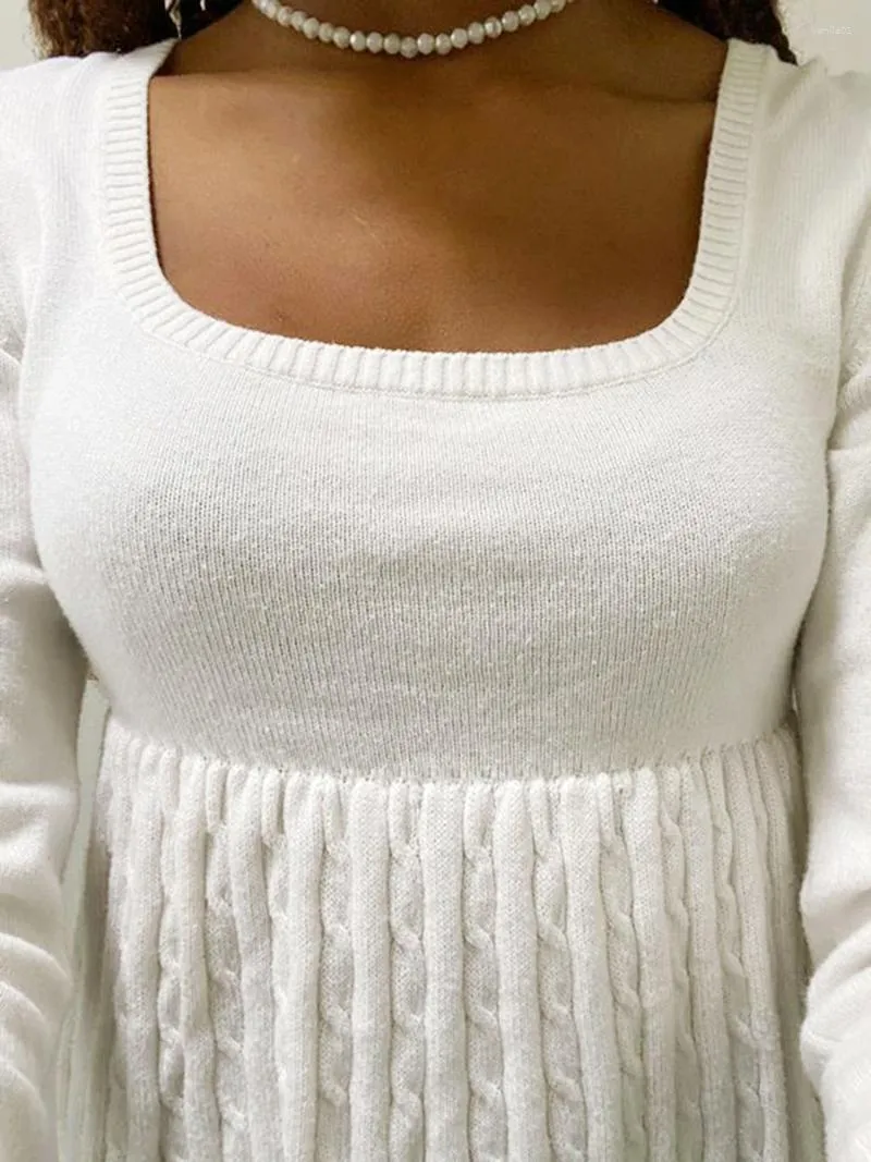 Женские футболки RUEWEY, женские вязаные топы в стиле беби-долл с круглым вырезом и круглым вырезом, однотонный свитер в рубчик с длинными рукавами, плиссированный пуловер с расклешенной кромкой