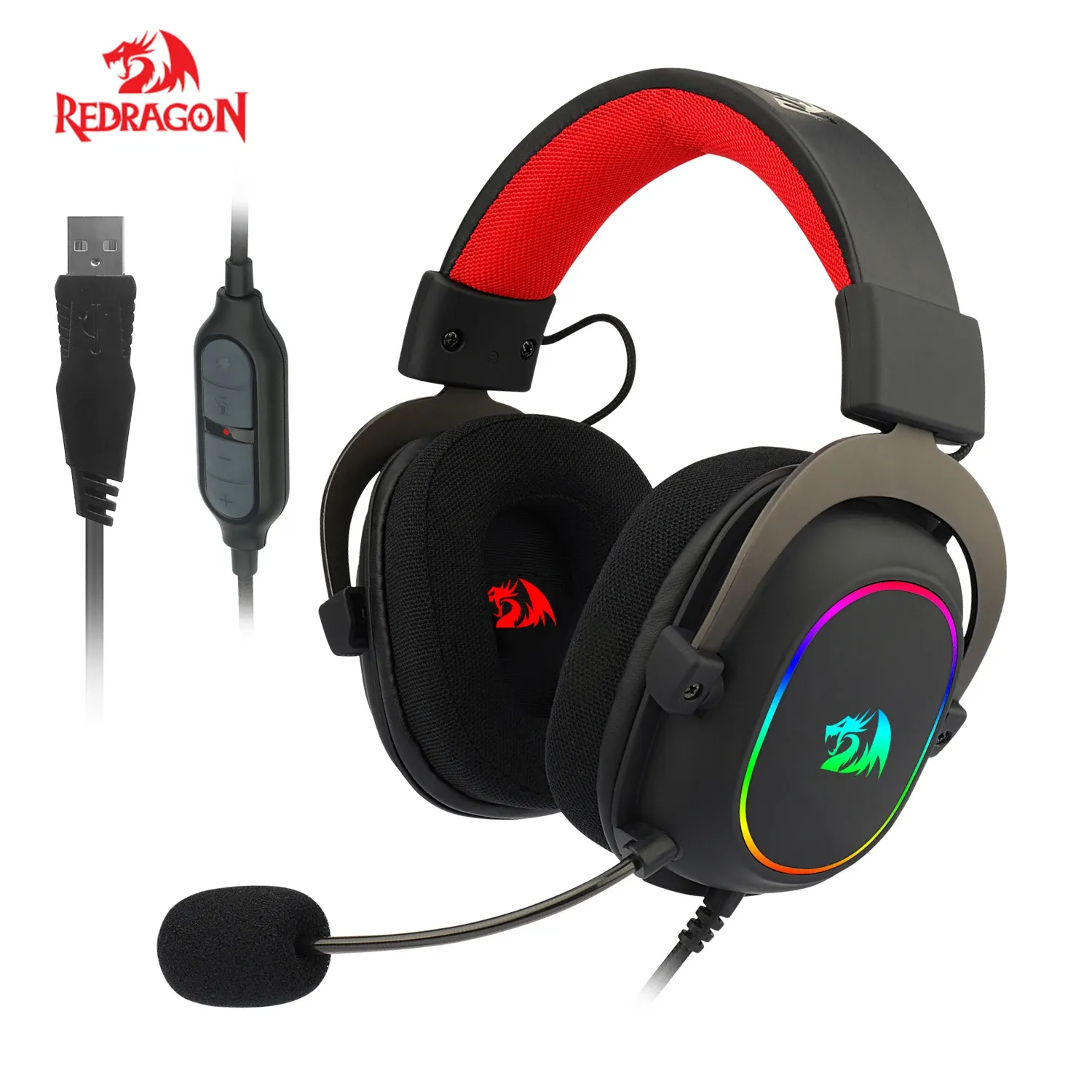 Наушники Redragon H510rgb Zeus X Игровые наушники Микрофон с шумоподавлением 7.1 Usb Surround Компьютерная гарнитура Наушники Эквалайзер Контроллер