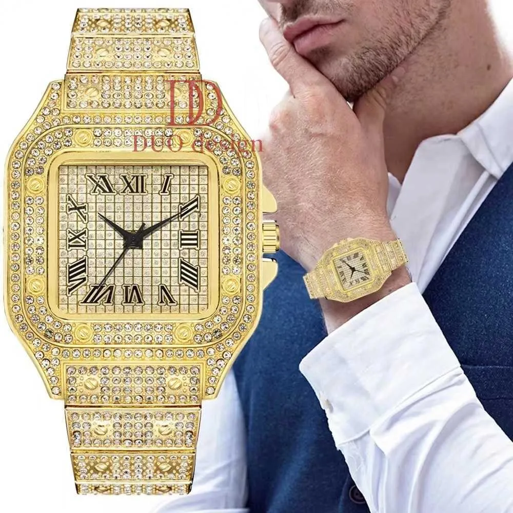 Goedkope prijs mode luxe vierkante horloge charme diamanten Romeinse schaal Full Sky Star Iced Out heren quartz horloge