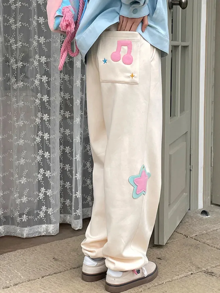 Houzhou kawaii japonês estrela bege calças femininas preppy estilo coreano bonito calças de perna larga feminino casual doce sweatpants menina 240222