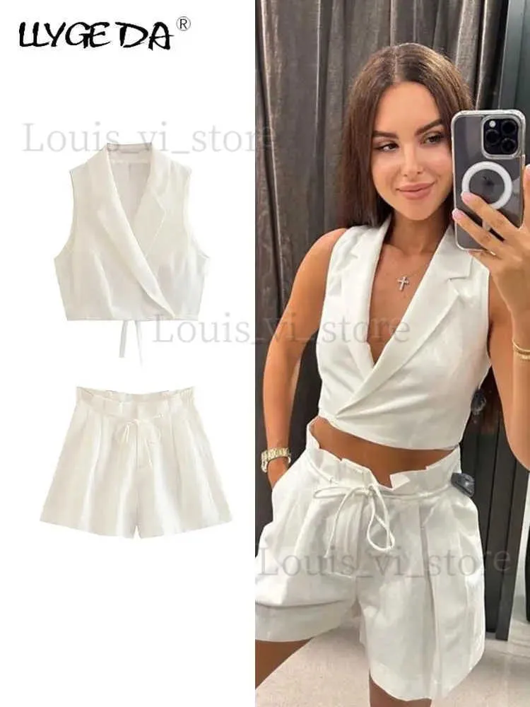 Frauen Zweiteilige Hosen Sommer Leinen Weste Shorts Set Frau Kerb Ärmellose Weste Plissee Top Dame Sets Mode Schnüren Casual Weibliche Outfit Neue T240228