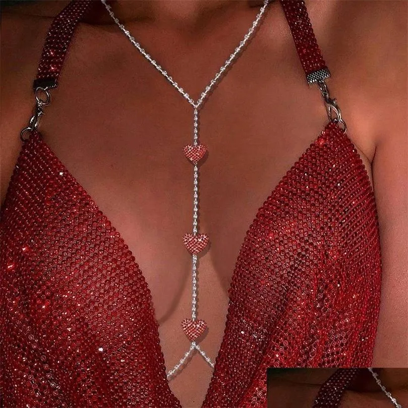 Altro Y Tre cuore rosso collana di cristallo catena della vita della pancia per le donne petto gioielli corpo con collo abbigliamento decorazione 221008 Consegna di goccia Dhp74