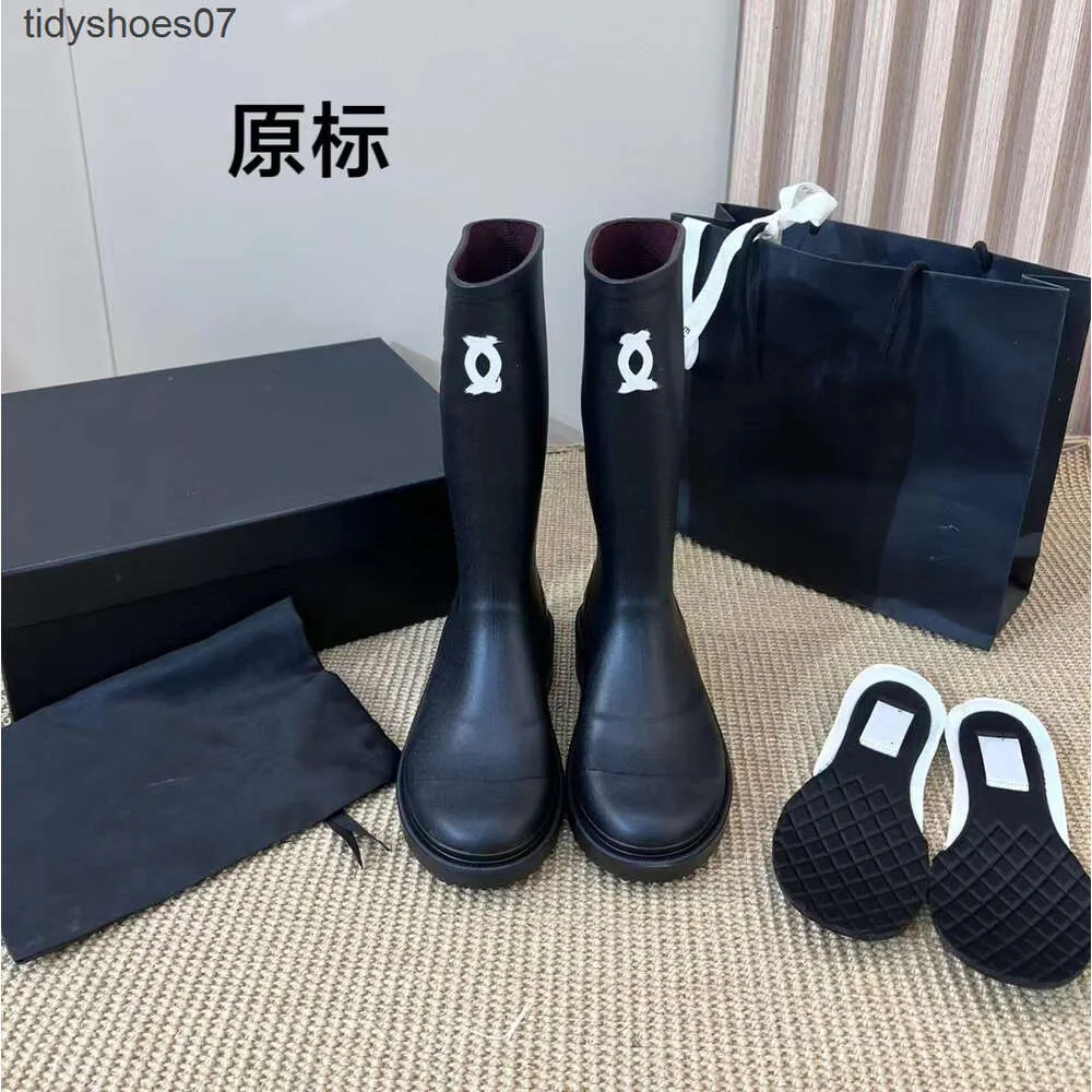 chaneles Long Barrel Rain Boots for Womens 2023 Autumn New Black Round Head High Barrel Knight Boots Flat Bottom Anti slip Water Boots