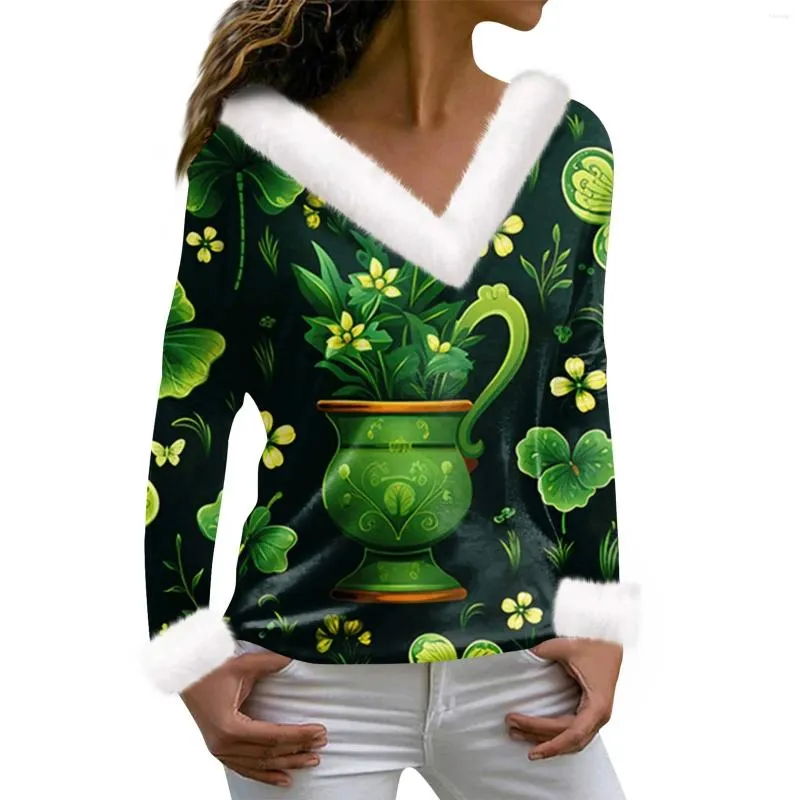 Kvinnors T-skjortor Långärmad Irish St. Patrick's Day Green Printing Plysch V-ringning Topp Youthful Woman kläder Kvinnliga kläder 2024