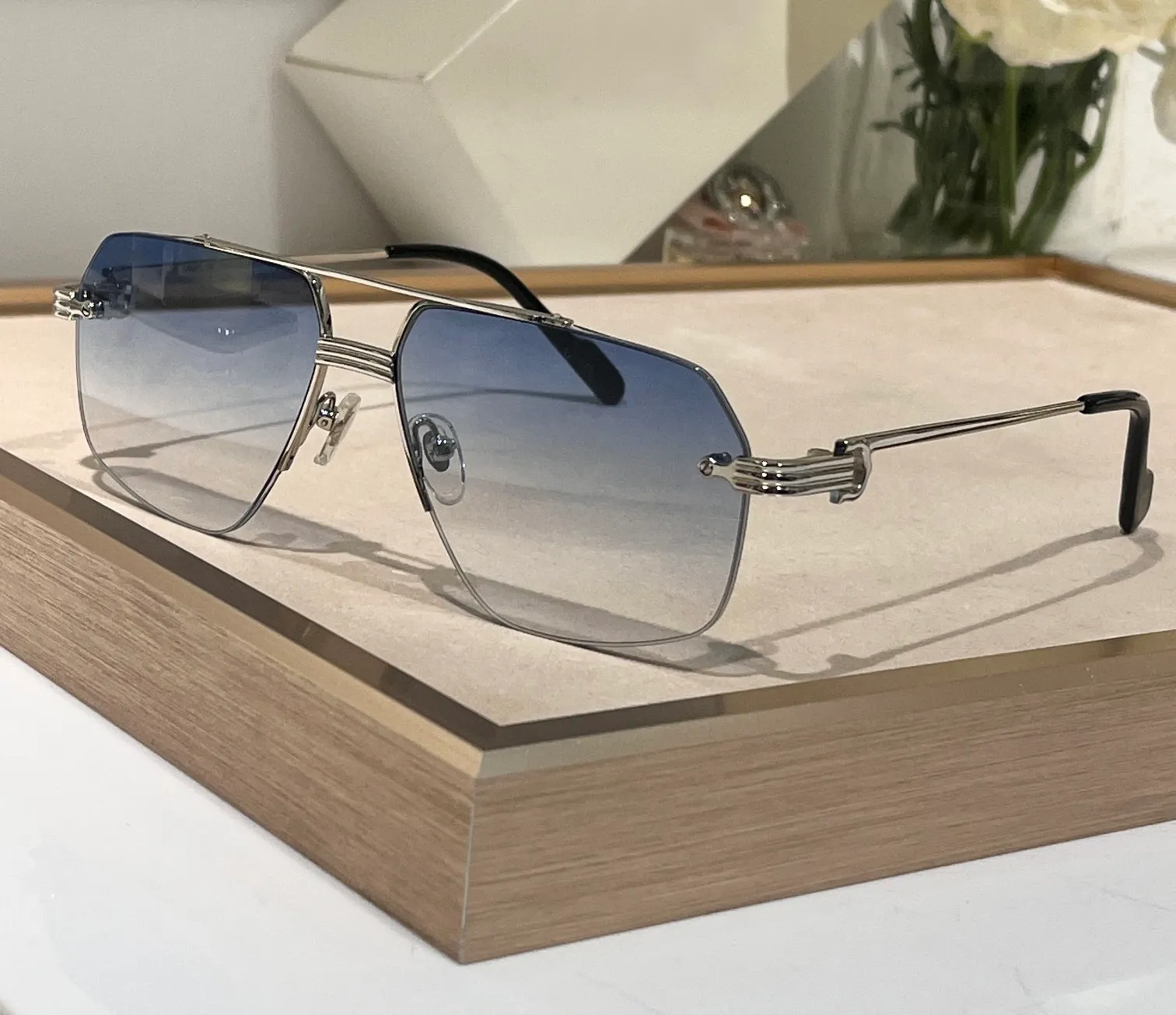 Vintage Pilot Sunglasses 0426 Silver Half Frame/Blue Gradient Men Luxury Glasses Shades Occhiali da sole UV400 Eyewear