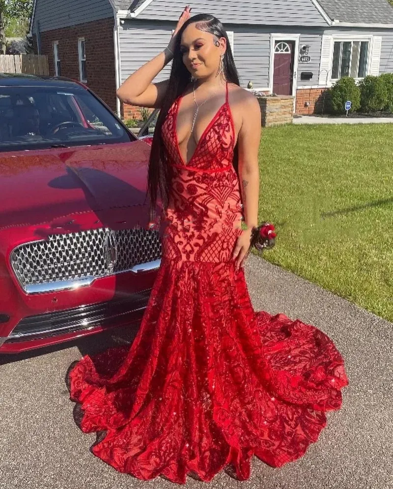 Sparkling Red Sequin Mermaid Red Sparkly Prom Dress for Black Girls - 2024 Evening Gown with Goes Vestidos de Festa