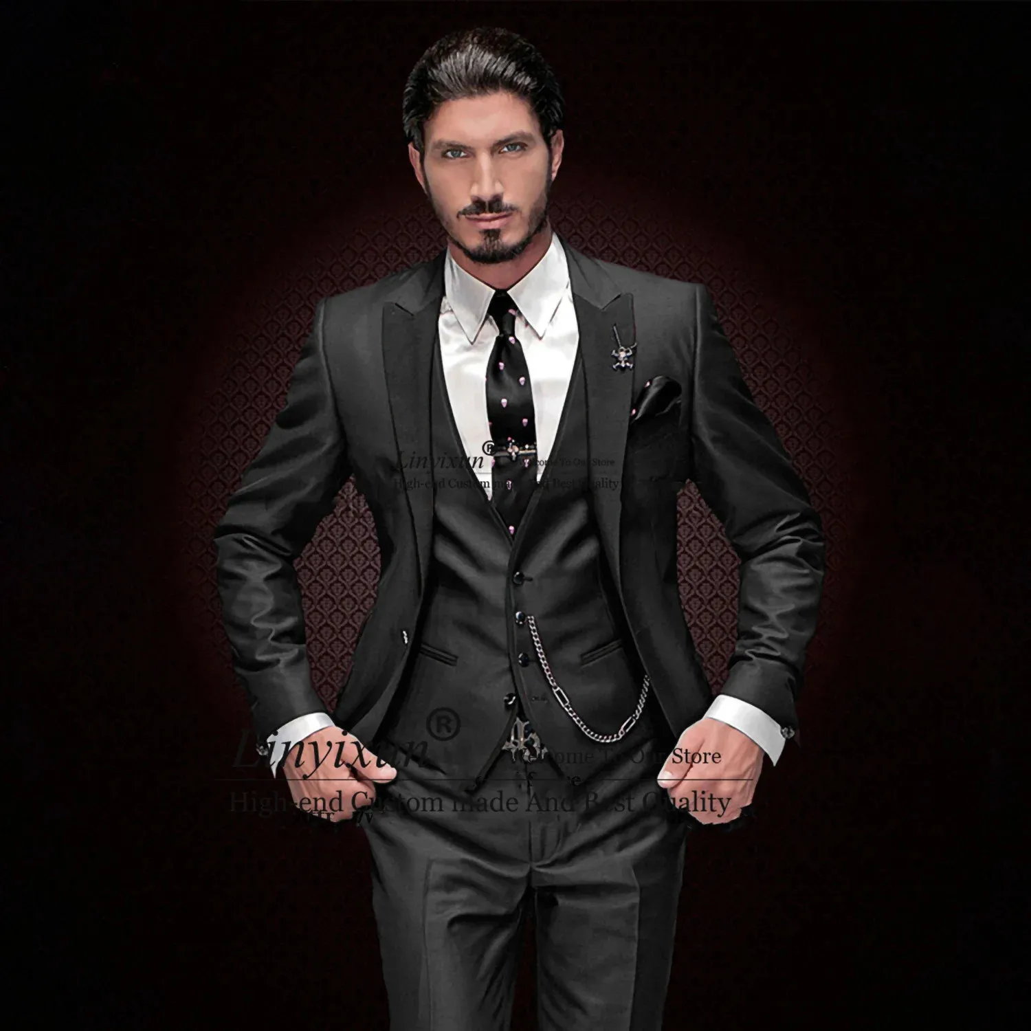 Black Slim Fit 3-Piece Men's black suit with Lapel for