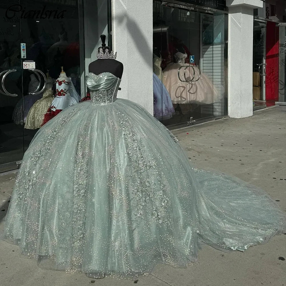 Exclusive Cap Sleeves Crystal Ball Gown Lace Appliqued Quinceanera Dress main image 1