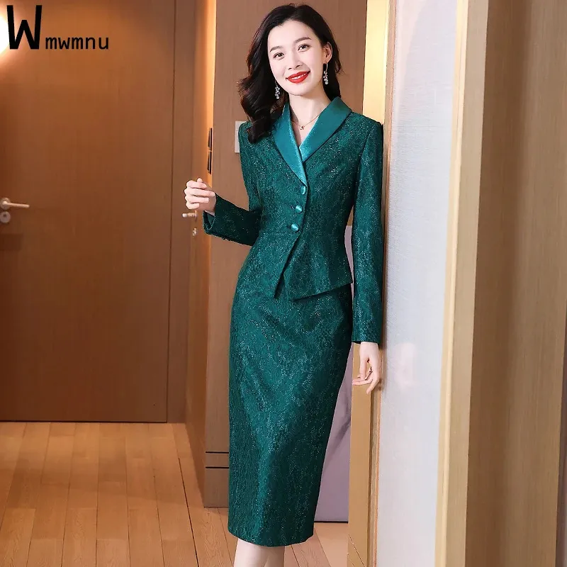 Office Ladies Slim Luxury Lace Blazer Outfits Formal Chic Elegant Long Sleeve Ruffle Suit CoatMidlenght Skirts OL 2 Piece Sets 240226