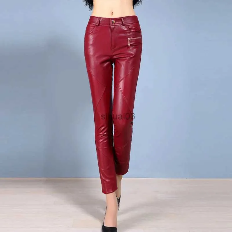 Kvinnors jeans mager äkta läderbyxor kvinnor vårhöst nära passande fårskinn läderbyxor ol show smala leggings byxor av stövlar