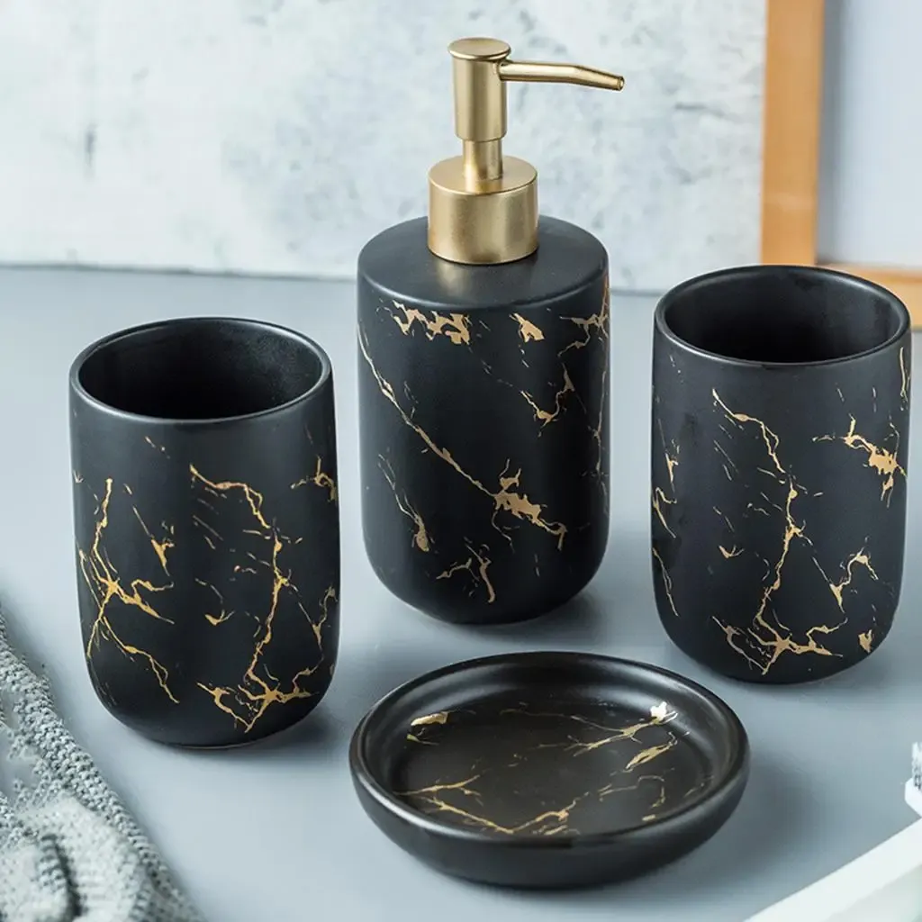 Holders 3/4Pcs Bath Bathroom Accessories Set CERAMIC Marble Look Single Designer Soap Lotion Dispenser Toothbrush Holder Soap Dish