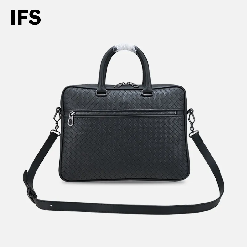 Men's Design Leisure High End Business Woven Leather Portable Briefcase Large Capacity Zipper Single Shoulder Crossbody Commuter Tote Bag Black Commuter